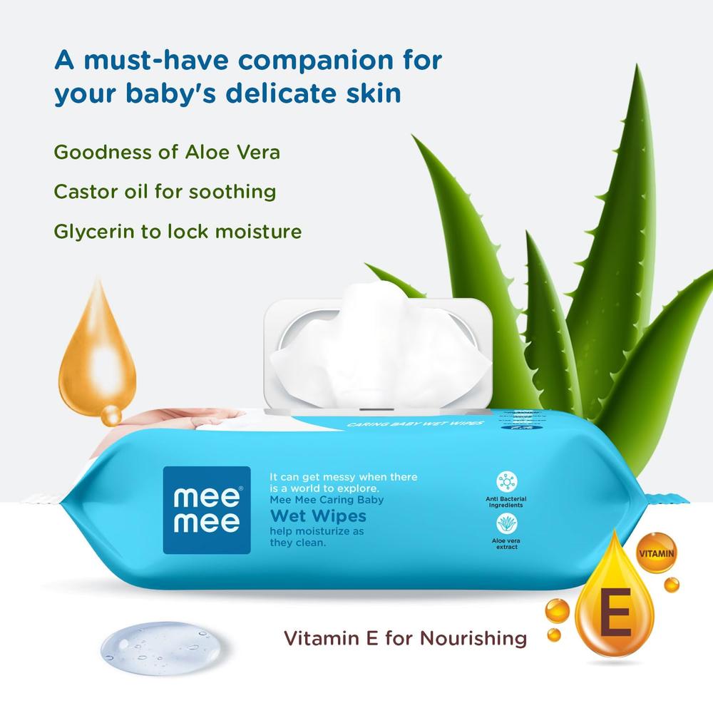 Mee Mee Caring Baby Wet Wipes With Aloe Vera Extracts (72 pieces) | Parabens Free
