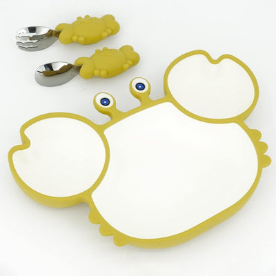 Cute Crab Silicon Suction Plate with Easy Grip Handle Spoon & Fork for Babies & Toddlers | Premium Cartoon Baby Feeding Set (Yellow)