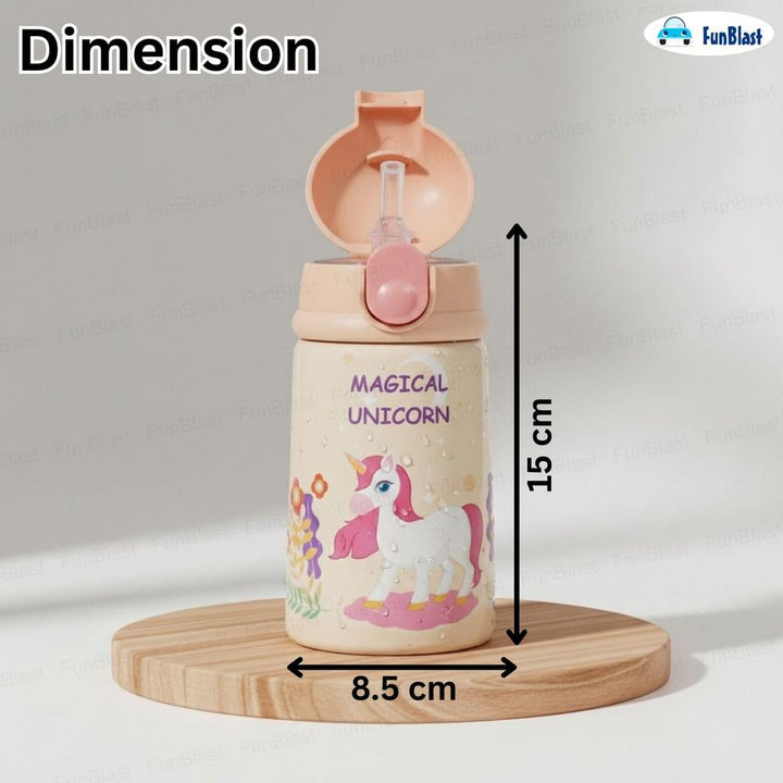 FunBlast Magical Unicorn Water Bottle for Kids | Insulated Stainless Steel Sipper Bottle with Straw | 300 ml