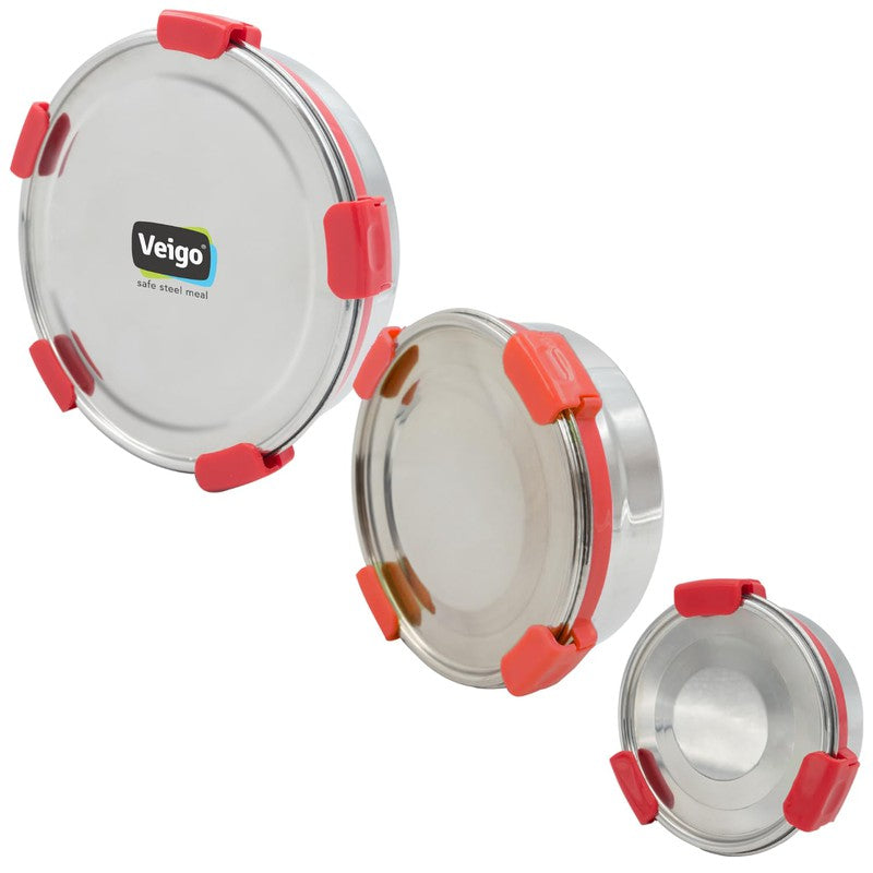 Maxosteel Round Stainless Steel Airtight & Leakproof Lunch Box with Silicon Ring & Lid Lock, Set of 3(325ML+700ML+950ML)