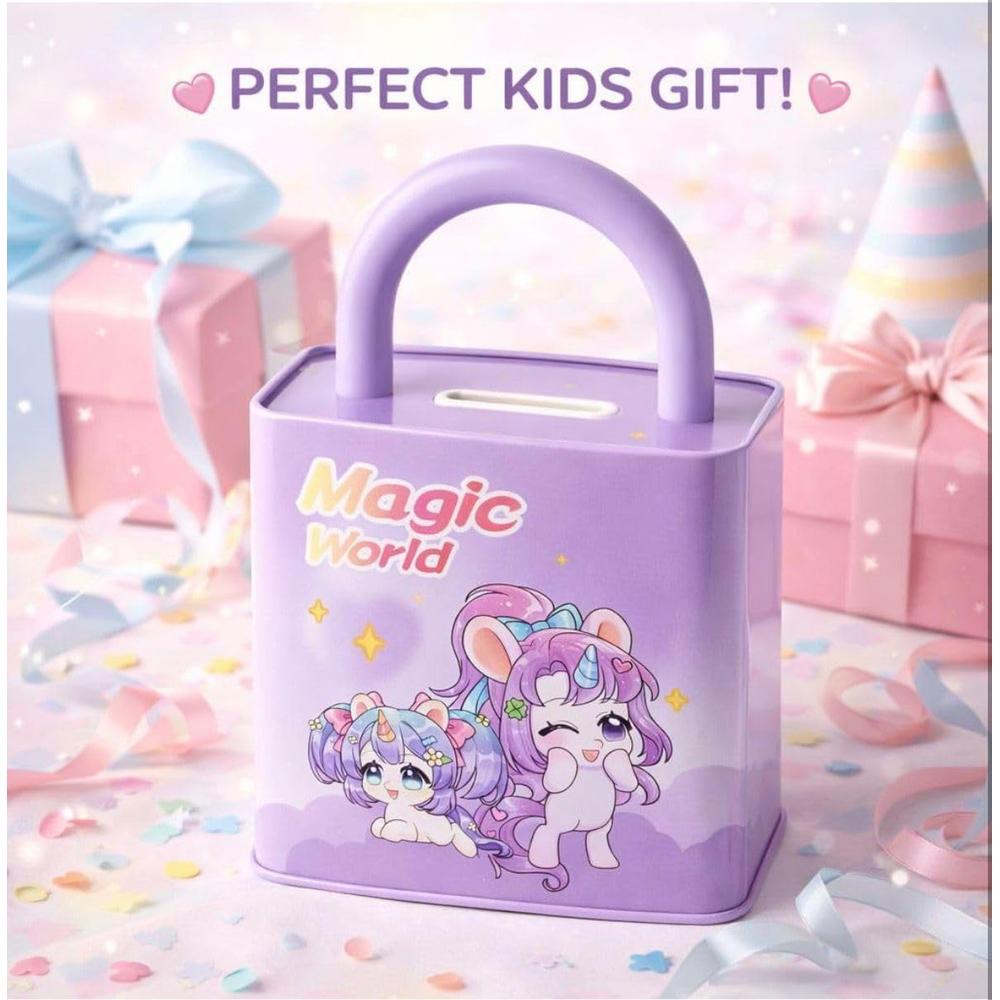 Magic World Cute Cartoon Piggy Bank with Combination Lock | Portable Money Saving & Cash Storage Box for Kids | Mini Coin Bank for Boys & Girls