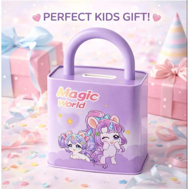 Magic World Cute Cartoon Piggy Bank with Combination Lock | Portable Money Saving & Cash Storage Box for Kids | Mini Coin Bank for Boys & Girls