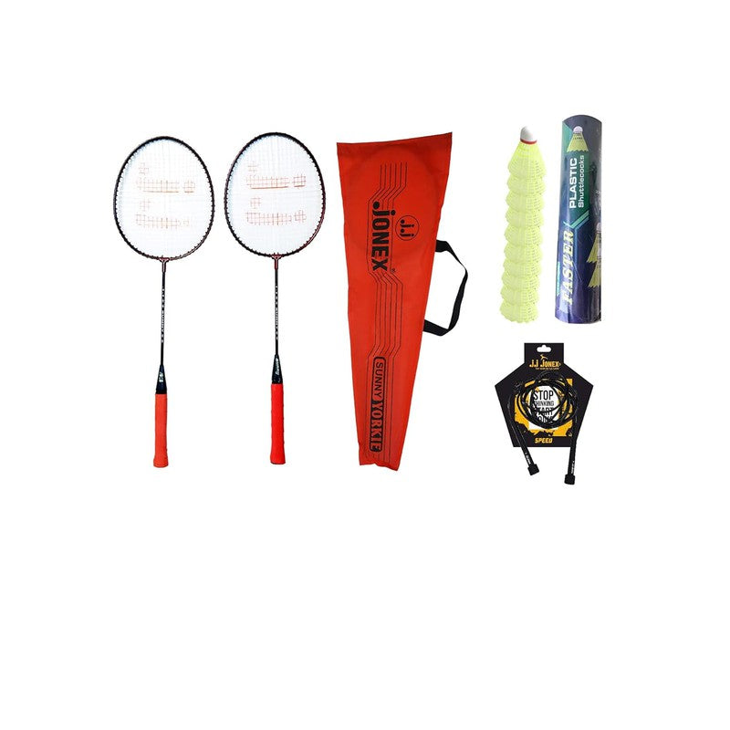 Go-Play Badminton Racket of Set 2 with Black 1 PC Skipping Rope and Plastic Shuttles 10 Pieces with Cover, Multicolour, (MYC)