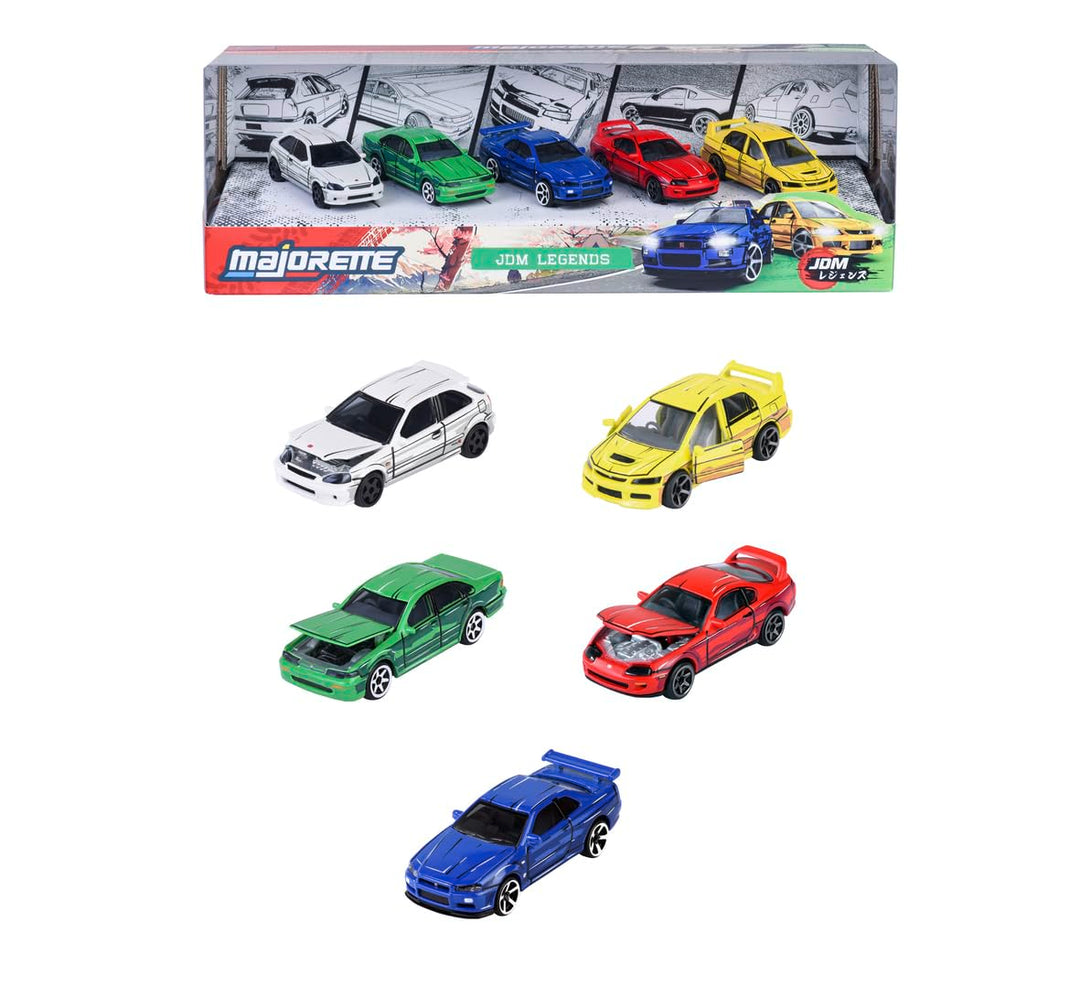 Set of 5 Licensed Majorette Diecast Cars (JDM Legends) - Honda Civic Type R EK9, Nissan Cefiro A31, Nissan Skyline GT-R R34, Toyota Supra JZA80, Mitsubishi Lancer Evolution 9