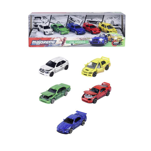 Set of 5 Licensed Majorette Diecast Cars (JDM Legends) - Honda Civic Type R EK9, Nissan Cefiro A31, Nissan Skyline GT-R R34, Toyota Supra JZA80, Mitsubishi Lancer Evolution 9