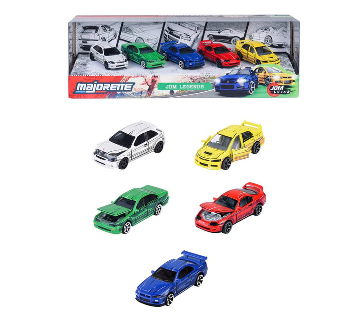 Set of 5 Licensed Majorette Diecast Cars (JDM Legends) - Honda Civic Type R EK9, Nissan Cefiro A31, Nissan Skyline GT-R R34, Toyota Supra JZA80, Mitsubishi Lancer Evolution 9