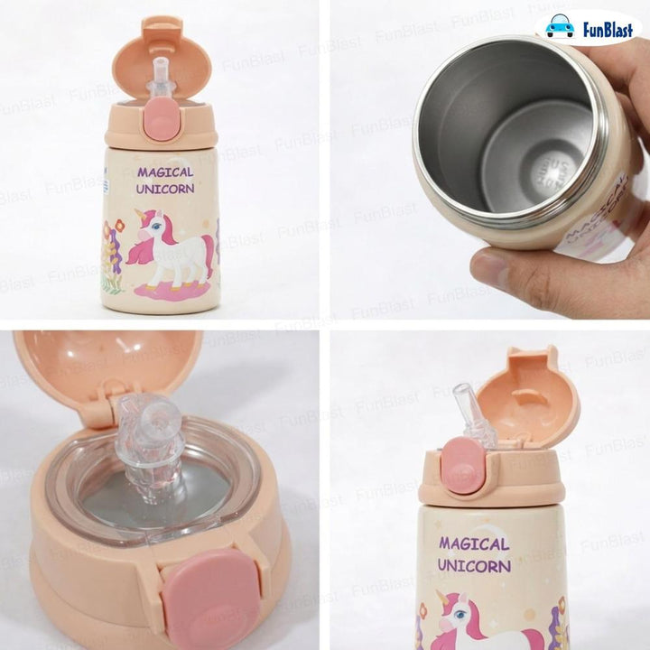 FunBlast Magical Unicorn Water Bottle for Kids | Insulated Stainless Steel Sipper Bottle with Straw | 300 ml
