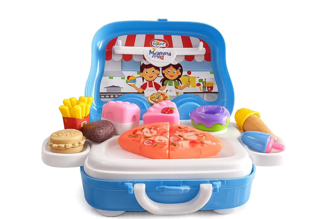 Mamma Mia Bakery Rolling Van Pretend Play Set with Toy Food | Portable Suitcase Kitchen Set