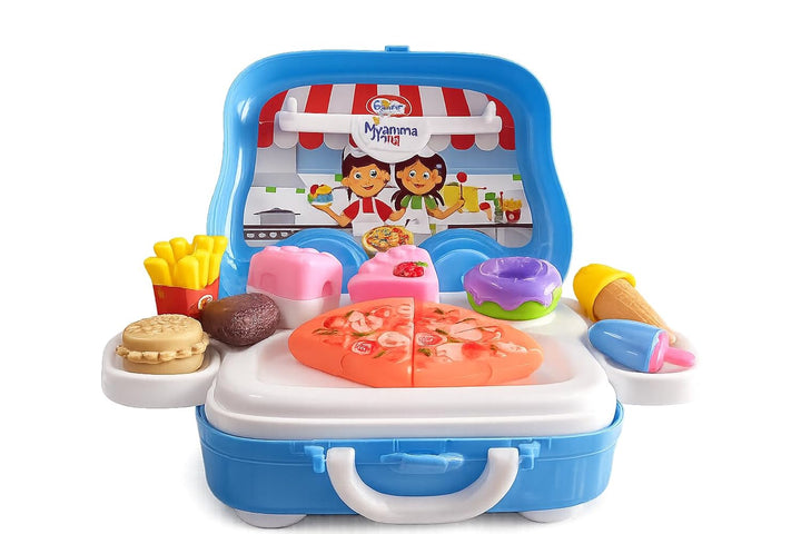 Mamma Mia Bakery Rolling Van Pretend Play Set with Toy Food | Portable Suitcase Kitchen Set