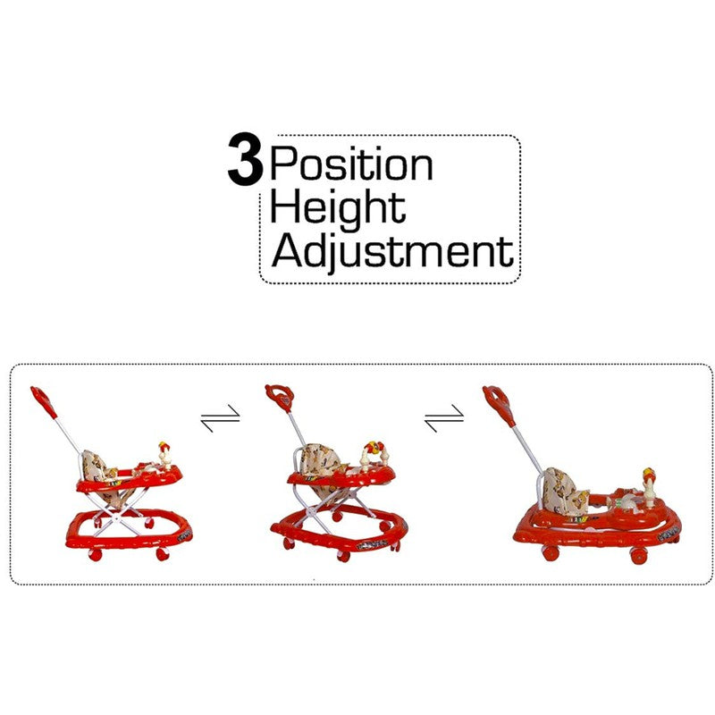 Cartoon Baby Adjustable Walker - Music & Rattles with Parental Handle (Red)