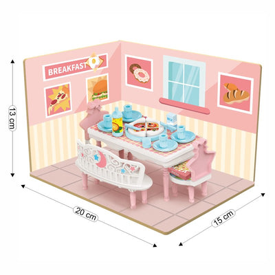 DIY Dining Room Wooden Doll House with Plastic Furniture, Dollhouse