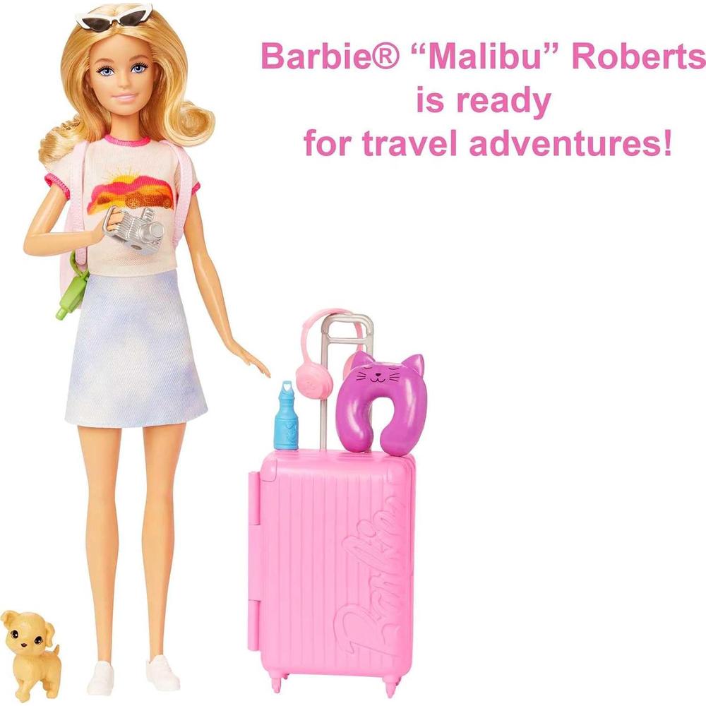 Mattel Original Licensed Barbie “Malibu” Travel Set | Barbie Doll with Puppy & 10+ Travel Accessories