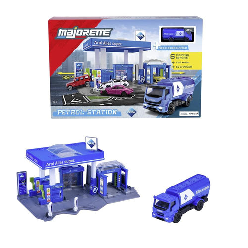 Original Licensed Majorette ARAL Petrol Station Playset with Fuel Tanker | 6 Parking Spaces, Car Wash & EV Charger