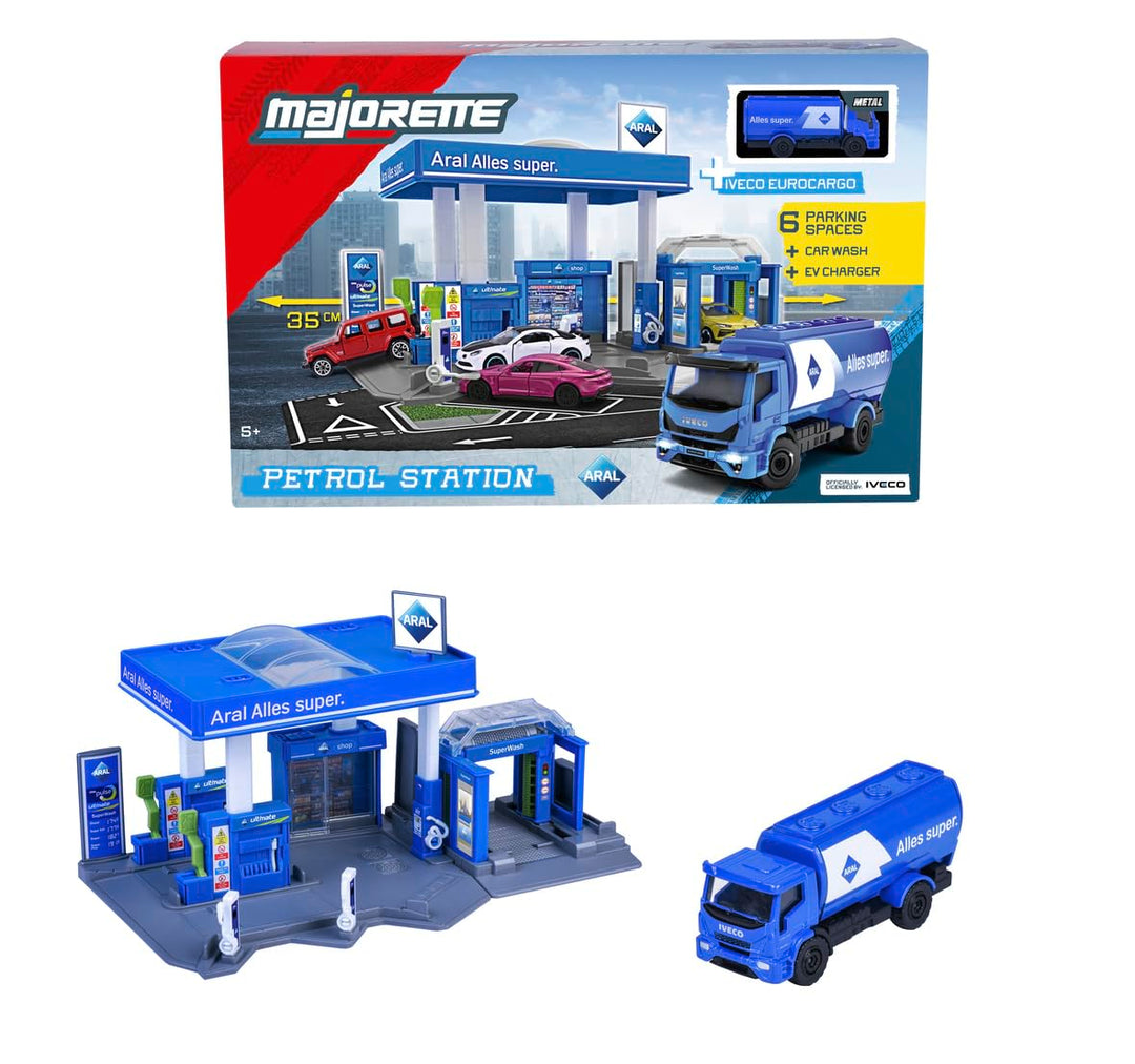 Original Licensed Majorette ARAL Petrol Station Playset with Fuel Tanker | 6 Parking Spaces, Car Wash & EV Charger