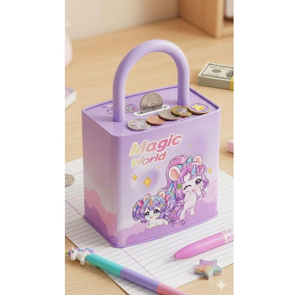 Magic World Cute Cartoon Piggy Bank with Combination Lock | Portable Money Saving & Cash Storage Box for Kids | Mini Coin Bank for Boys & Girls