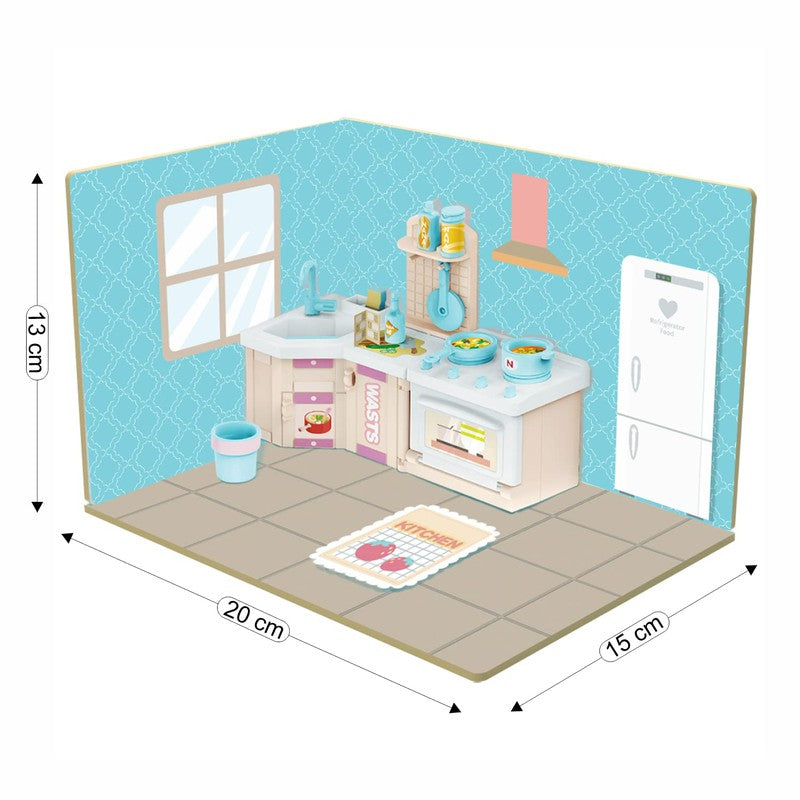 DIY Kitchen Room Wooden Doll House with Plastic Furniture, Dollhouse