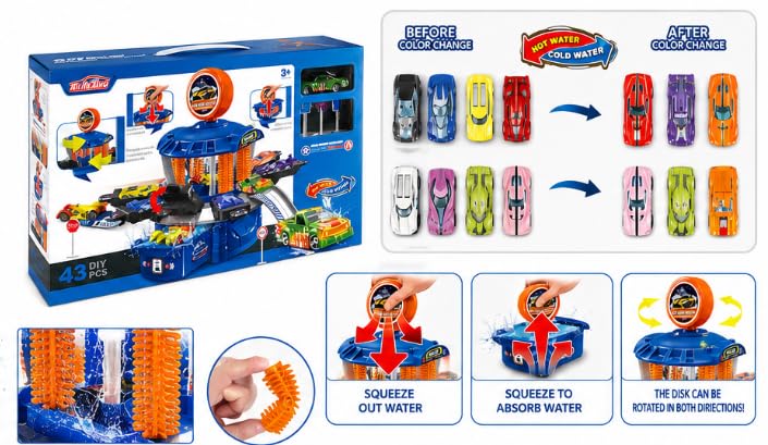Six-Six-Zero Multi-Station Car Wash Facility Toy Playset | 43 Pieces | Colour Changing Alloy Cars