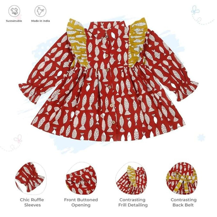 Little Ginnie Cotton Frock for Baby Girls - Red | One Piece Dress - Animal Print