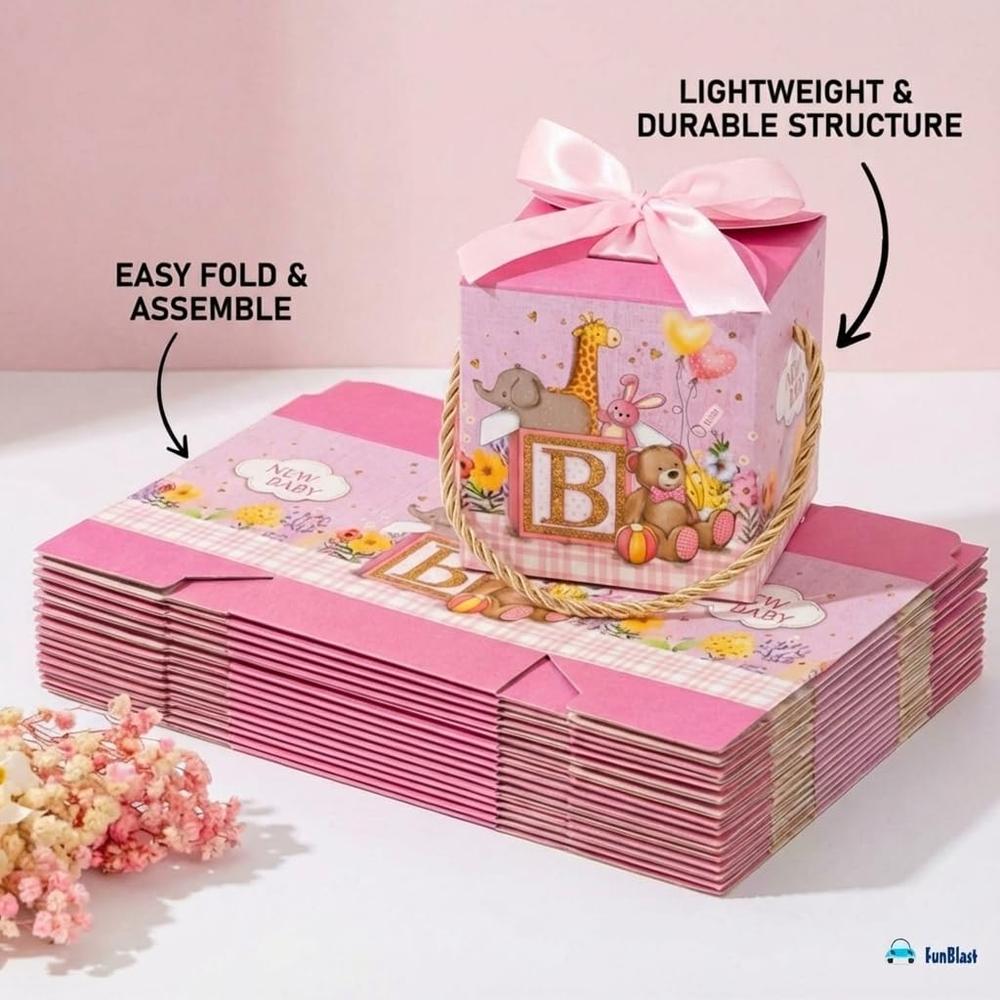 FunBlast Baby Shower Gift Boxes | Paper Folding Gift Boxes with Ribbon & Hanging Thread | Pack of 10