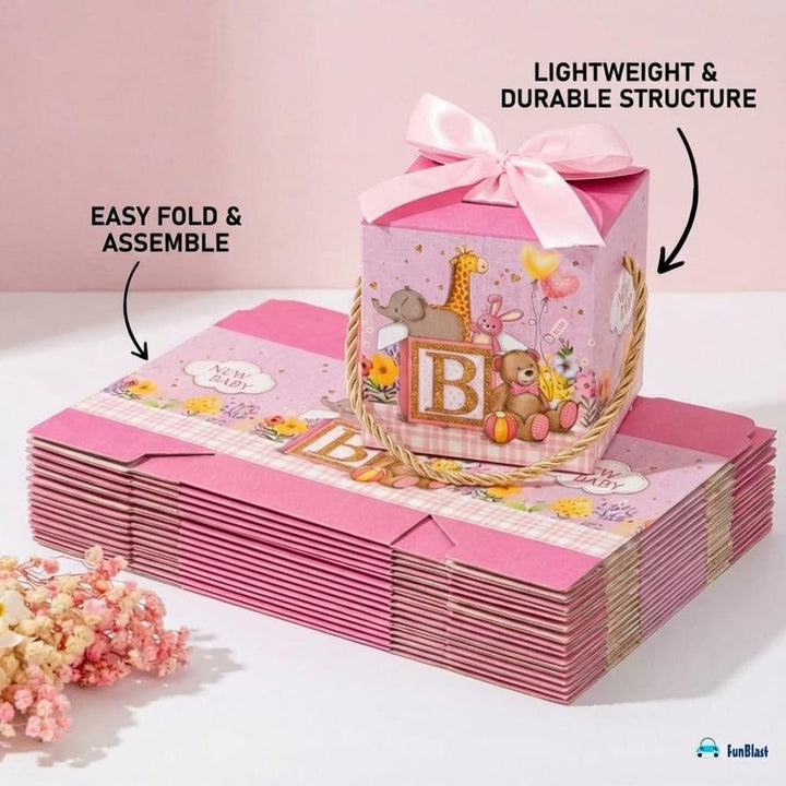 FunBlast Baby Shower Gift Boxes | Paper Folding Gift Boxes with Ribbon & Hanging Thread | Pack of 10