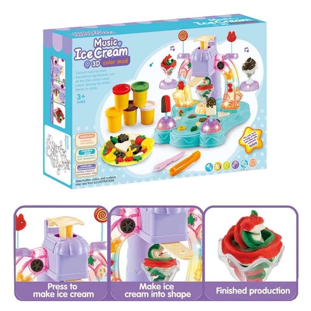 Music Ice Cream 3D Clay Dough Toy Play Set | Ice Cream Maker with Light & Music | Pretend Play Set for Kids | 19 Pieces