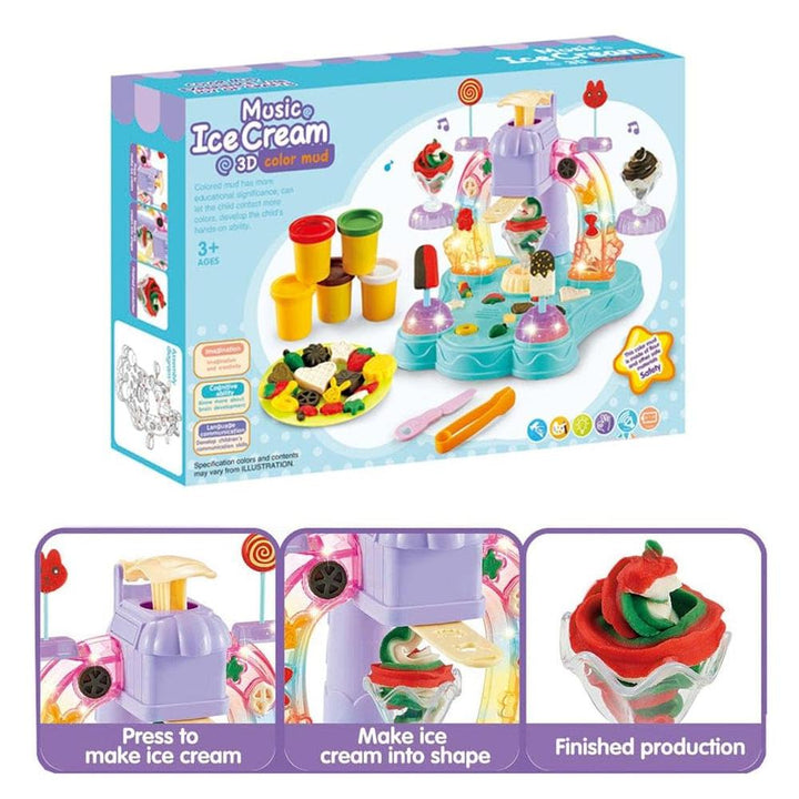 Music Ice Cream 3D Clay Dough Toy Play Set | Ice Cream Maker with Light & Music | Pretend Play Set for Kids | 19 Pieces
