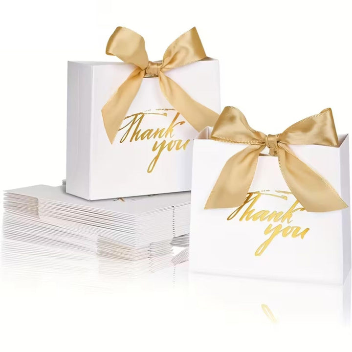 FunBlast Thank You Gift Bags | White Decorative Paper Gift Bags with Ribbon for Parties & Gifting | Pack of 10