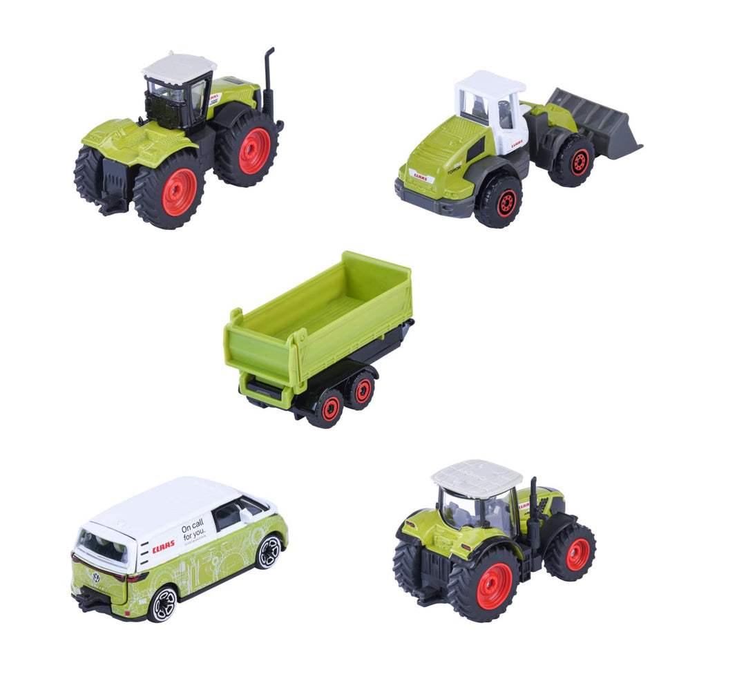 Set of 5 Licensed Majorette Diecast Cars (Farm) - Claas Arion 660, Claas Xerion 5000, Claas Torion 956-537 Sinus, Volkswagen ID. Buzz, Farm trailer