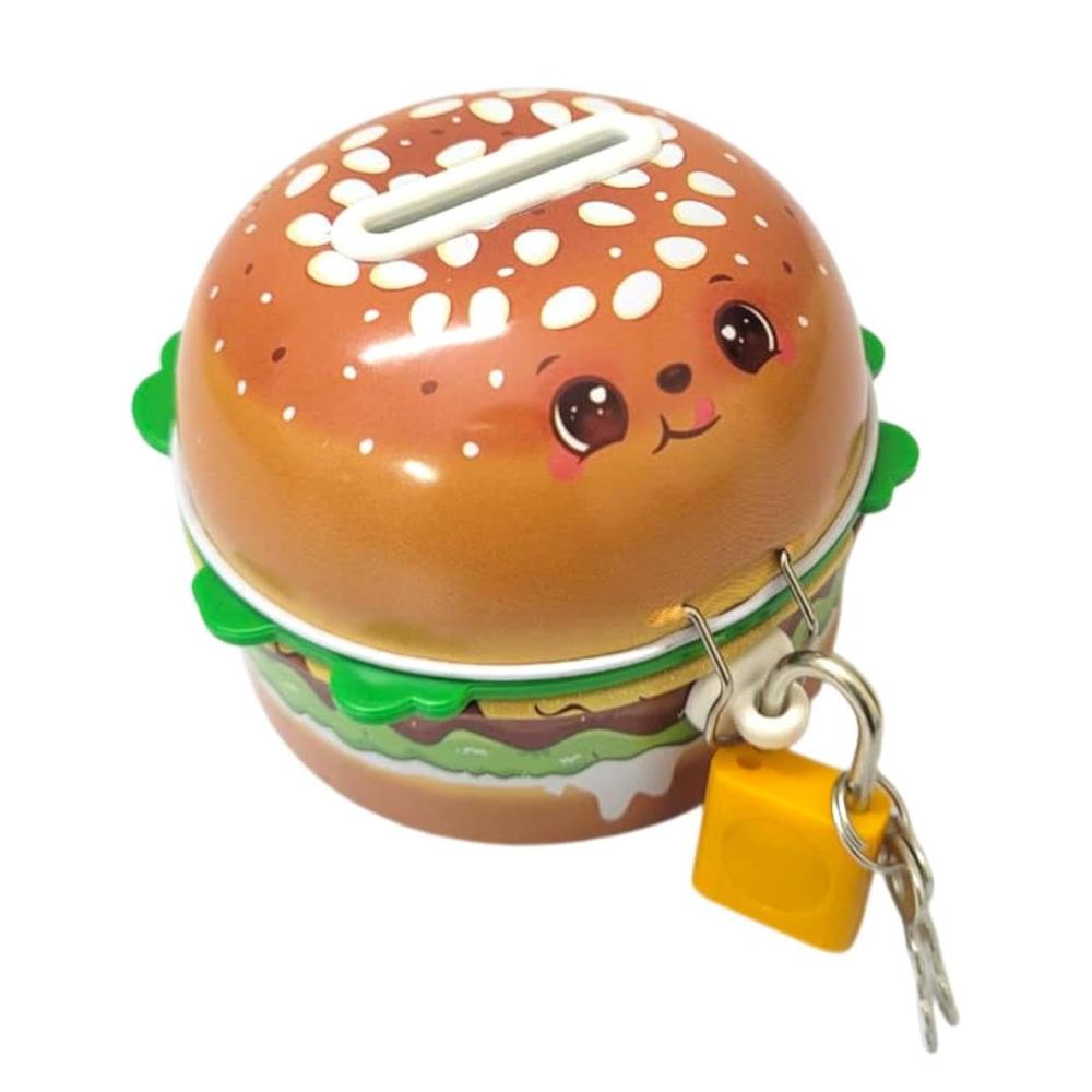 Cute Cartoon Hamburger Piggy Bank for Kids | Coin Saving Box with Lock & Key | Pack of 1