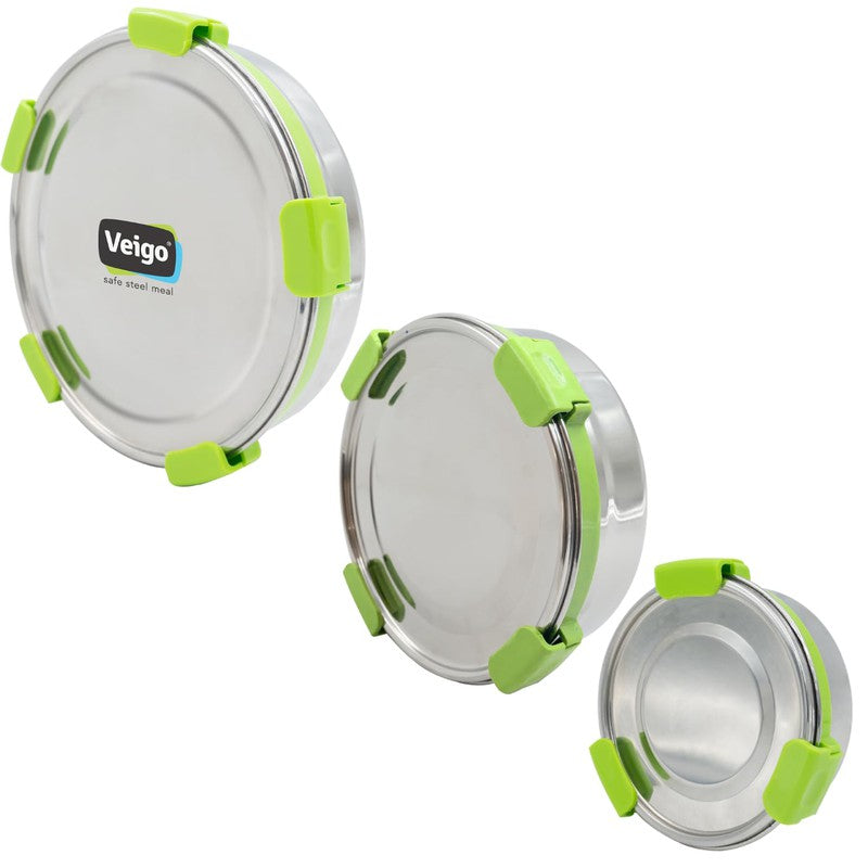 Maxosteel Round Stainless Steel Airtight & Leakproof Lunch Box with Silicon Ring & Lid Lock, Set of 3(325ML+700ML+950ML)