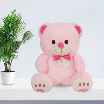 Cute Sitting Teddy Bear Soft Toy with Neck Bow and Foot Print, Pink 35 cm