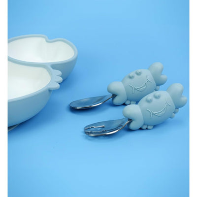 Cute Crab Silicon Suction Plate with Easy Grip Handle Spoon & Fork for Babies & Toddlers (Sky Blue)