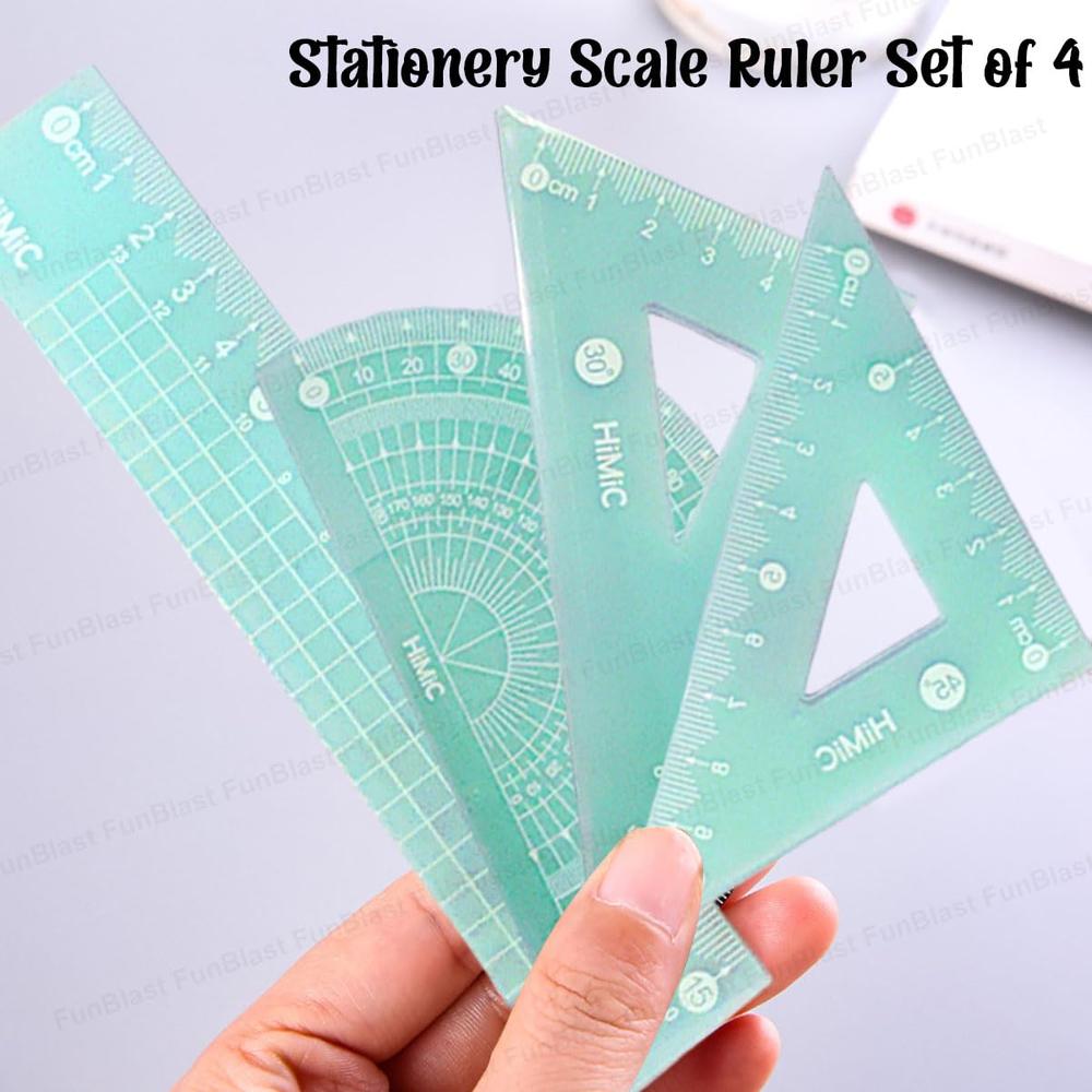 FunBlast 4-in-1 Geometry Ruler Set | Protractor, Set Squares & Rulers for School and Math