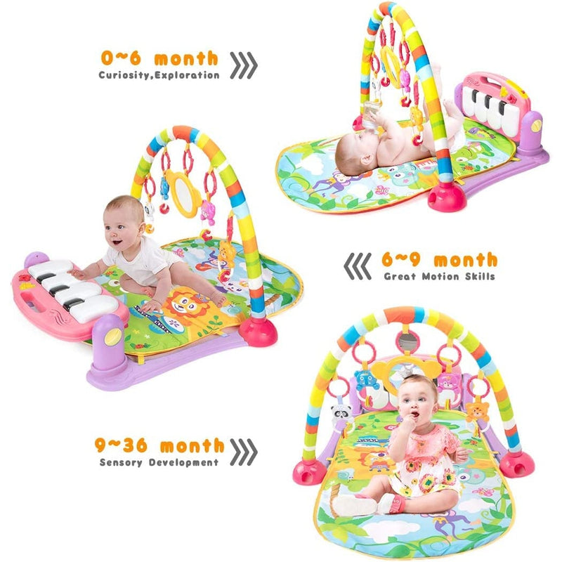 Baby Play Mat Gym & Fitness Rack with Hanging Rattles Lights & Musical Keyboard - Pink