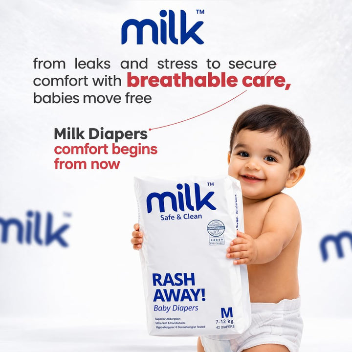 Milk (Size-M) Flexi Tape Baby Diapers | 42 Count | 6-11 kg | Rash Protection, Leak-Proof, Soft & Comfortable Diapers