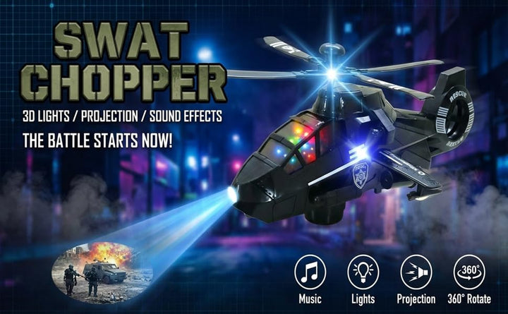 Swat Chopper Rescue Helicopter Toy | 3D Lights, Projection & Sound Effects | Rotating Propeller