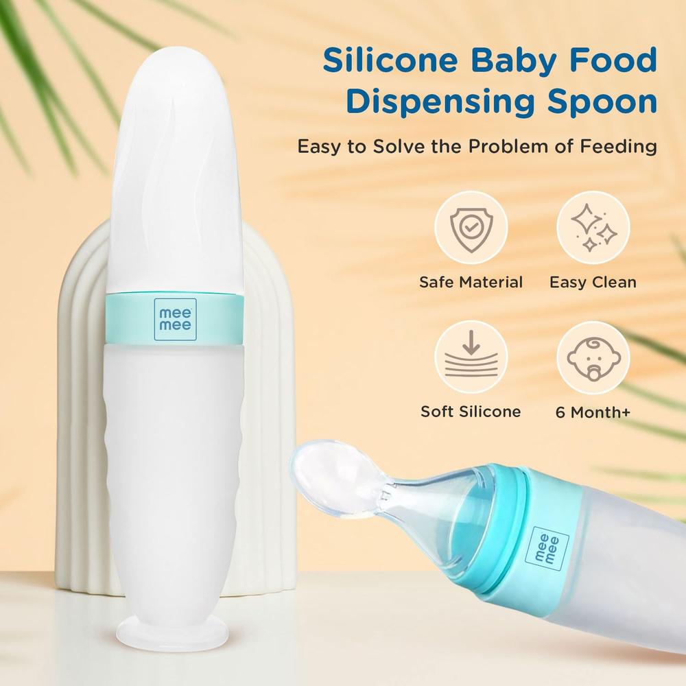Mee Mee Squeezy Silicone Mini Meal Spoon Food Feeder  with Standing & Suction Base | Easy Grip & Bite Resistant