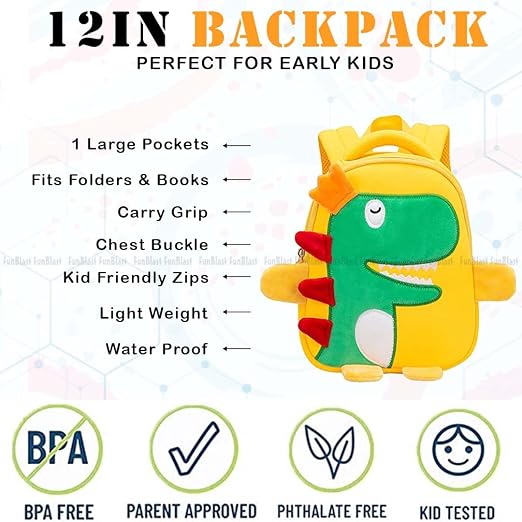 FunBlast Cute Dinosaur Print Shoulder Bag for Kids | Cartoon Crossbody Bag for Preschool, School, Picnic & Travel- Yellow