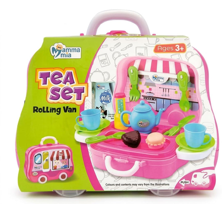 Mamma Mia Tea Set Rolling Van | Pretend Play Tea Party Set with Teapot, Cups & Accessories