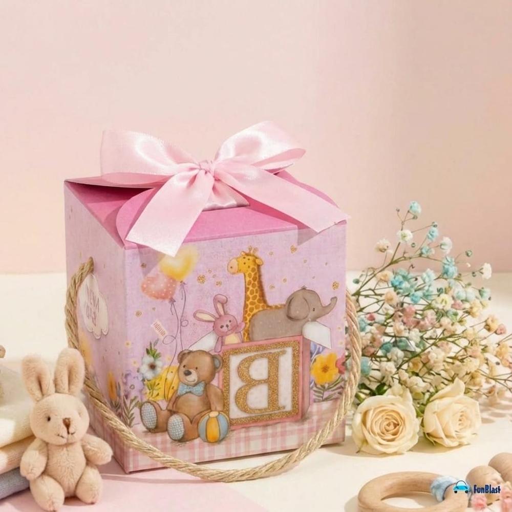 FunBlast Baby Shower Gift Boxes | Paper Folding Gift Boxes with Ribbon & Hanging Thread | Pack of 10