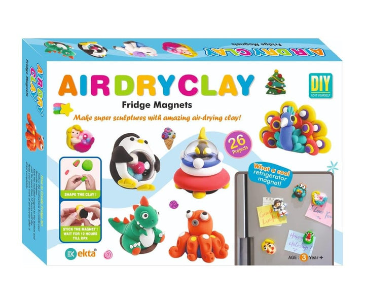 Ekta Air Dry Clay Fridge Magnets DIY Kit - 26 Projects, with 18 Colours, 8 Rubber