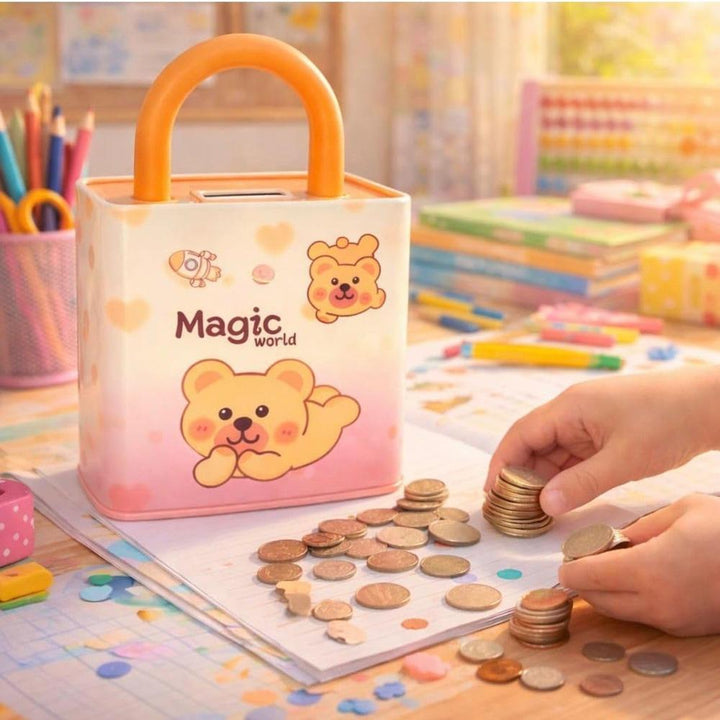 Magic World Cute Cartoon Piggy Bank with Combination Lock | Portable Money Saving & Cash Storage Box for Kids | Mini Coin Bank for Boys & Girls