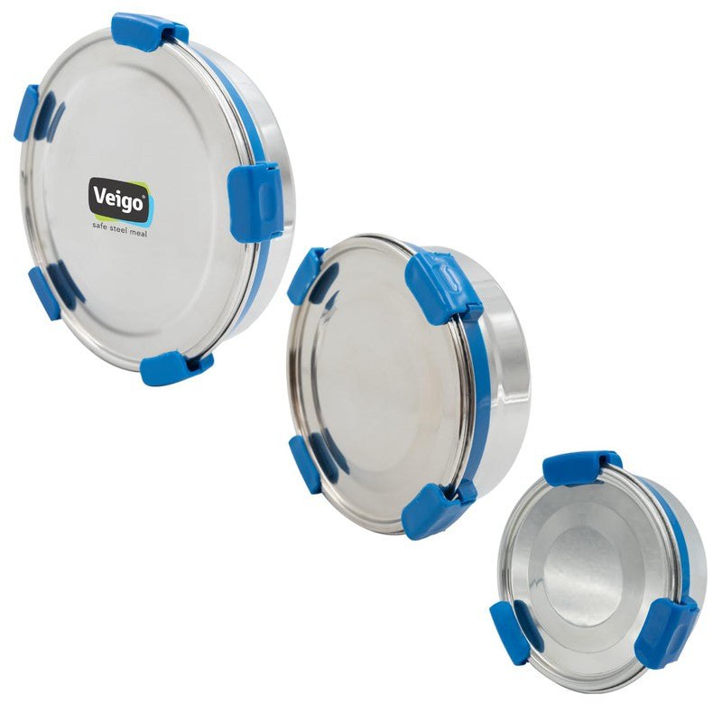 Maxosteel Round Stainless Steel Airtight & Leakproof Lunch Box with Silicon Ring & Lid Lock, Set of 3(325ML+700ML+950ML)