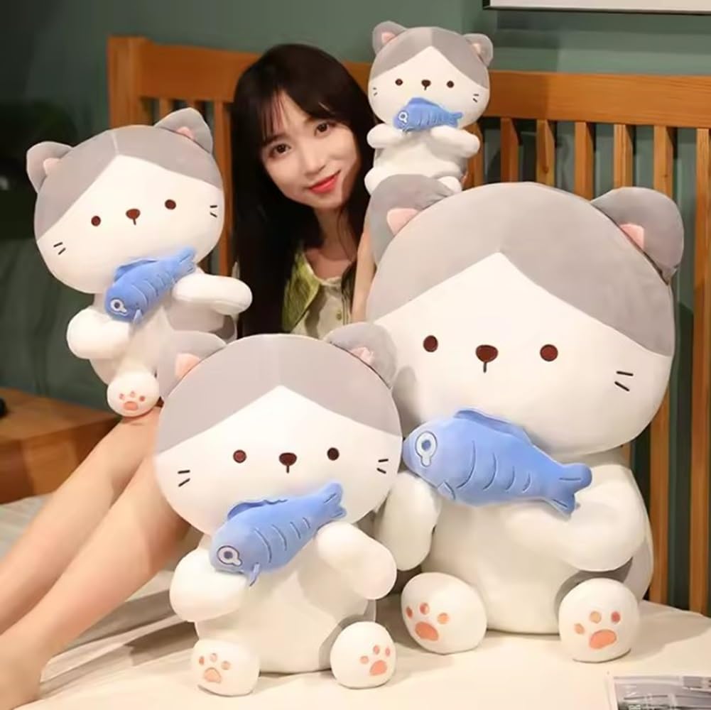 CuddleNest Adorable and Safe Fish Cat Plush Toy for Children - Grey