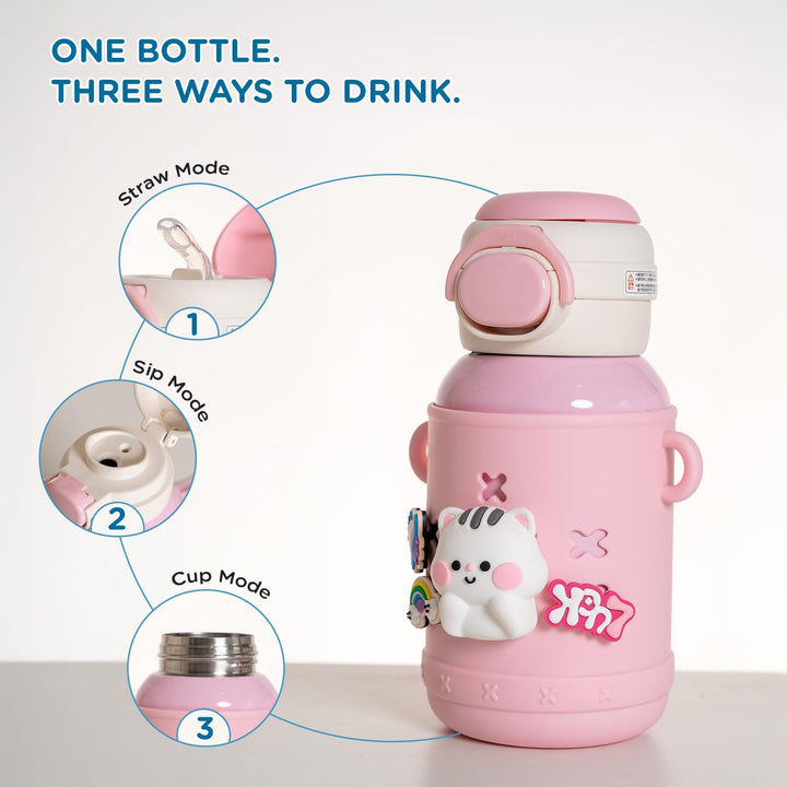 Mee Mee Kiddo Tumbler Vacuum Bottle - 550ml | 3-in-1 Straw, Sip & Cup | Leakproof & BPA-Free | 24H Cold & 12H Hot | Pink