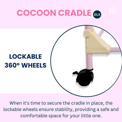 Cocoon Baby Cradle Deluxe | Palna | Jhula - Sturdy Metal Frame, Mosquito Protection Net and Lockable Wheels