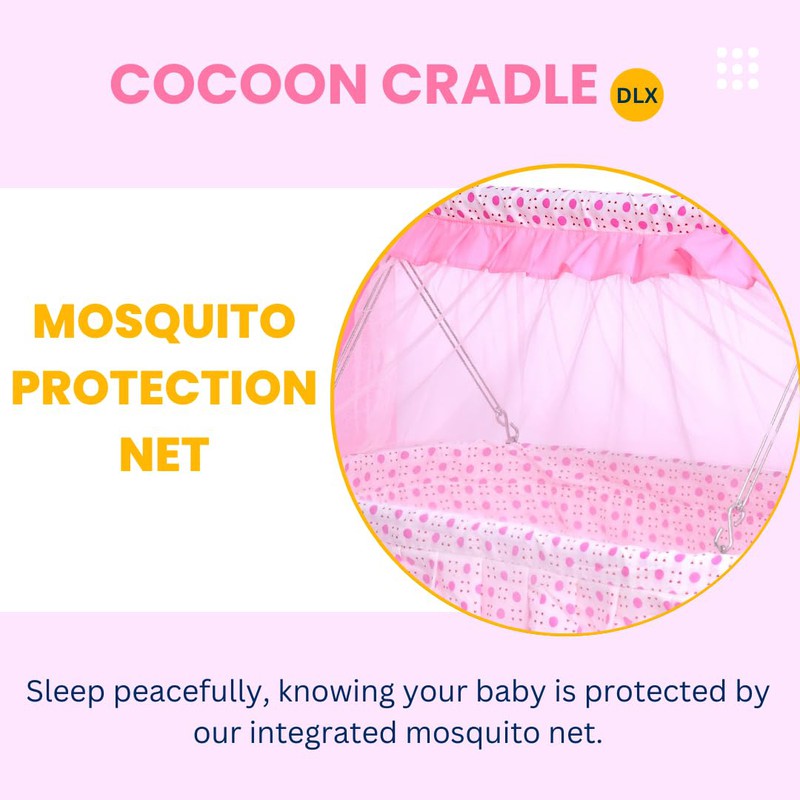 Cocoon Baby Cradle Deluxe | Palna | Jhula - Sturdy Metal Frame, Mosquito Protection Net and Lockable Wheels