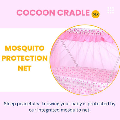 Cocoon Baby Cradle Deluxe | Palna | Jhula - Sturdy Metal Frame, Mosquito Protection Net and Lockable Wheels