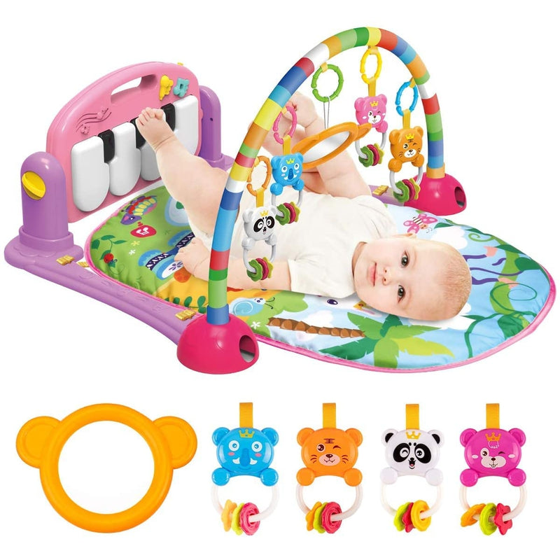 Baby Play Mat Gym & Fitness Rack with Hanging Rattles Lights & Musical Keyboard - Pink