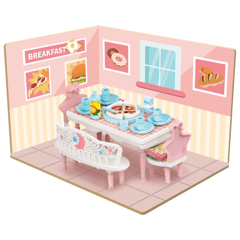 DIY Dining Room Wooden Doll House with Plastic Furniture, Dollhouse